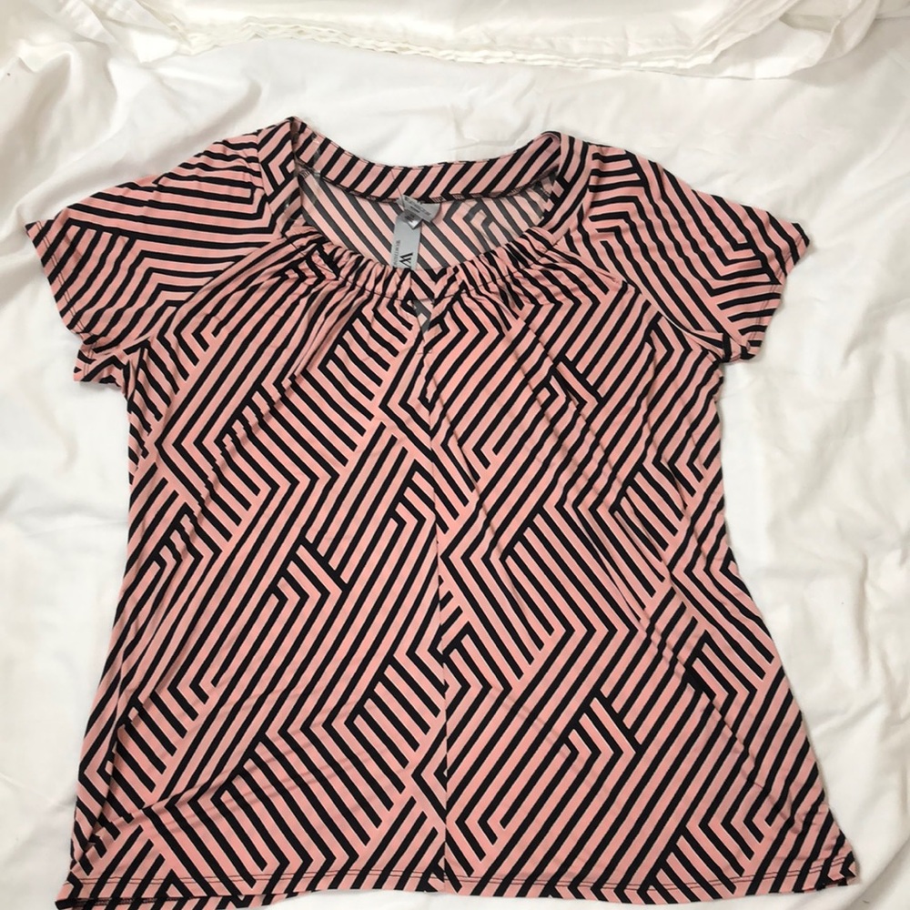 Plus size pink and navy striped patterned blouse